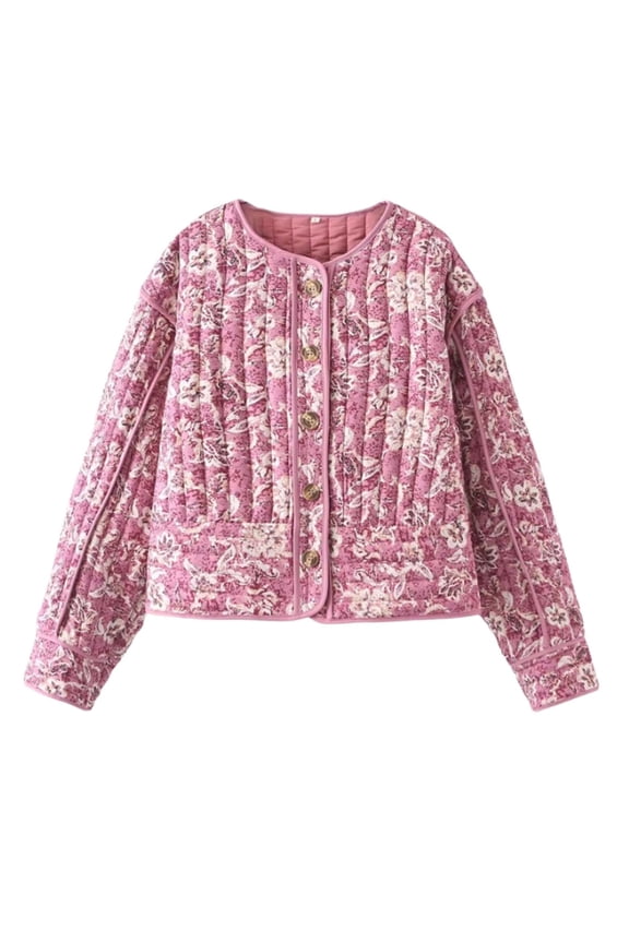 Women Floral Quilted Round Neck Cropped Cardigan Jacket Button Front Polyester Lightweight Outerwear 1pc S-L True To Size