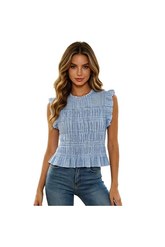 Women French Retro Gingham Honeycomb Top Casual Round Neck Sleeveless Blouse Soft Polyester for Spring Summer 1pc Tops Sizes XS S M L