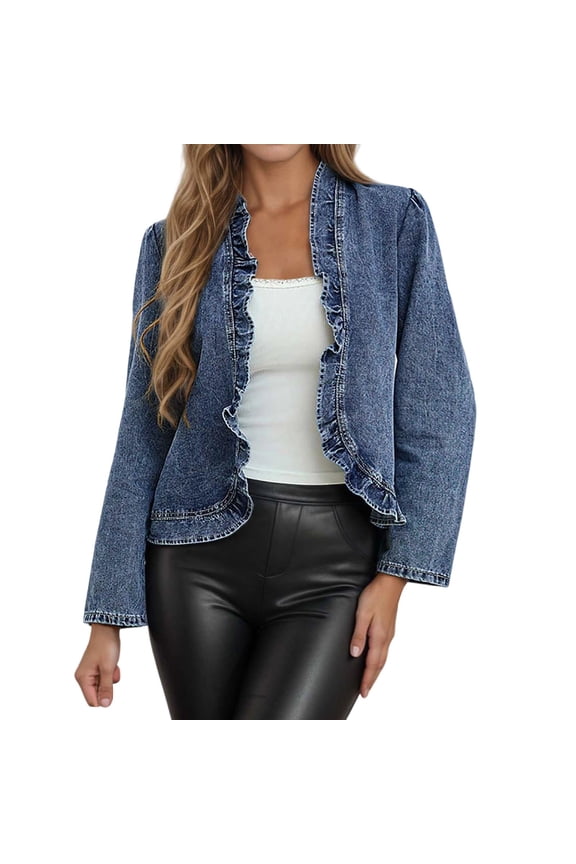 Women Frilly Ruffle Edge Open Front Cropped Denim Jacket Puff Shoulder Long Sleeve Lightweight Layering Coat 1PC S-XL