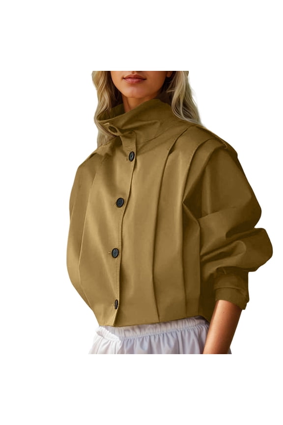 Women High Stand Collar Pleated Front Cropped Nylon Long Sleeve Button Layering Jacket 1PC XS-L