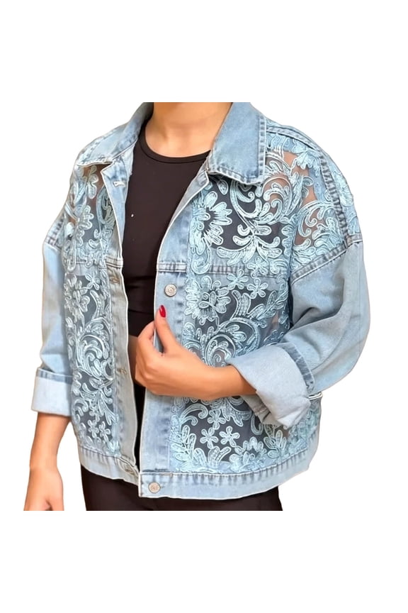 Women Lace Spliced Short Denim Jacket Relaxed Collared Layering Outerwear 1PC S-XXL