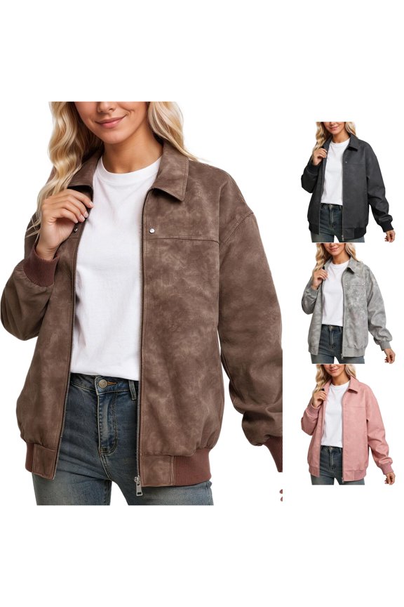 Women Lapel Collar Suede Loose Bomber Jacket Zip Front Rib Long Sleeve Layering Coat 1PC S-XXXL Plus Size Friendly