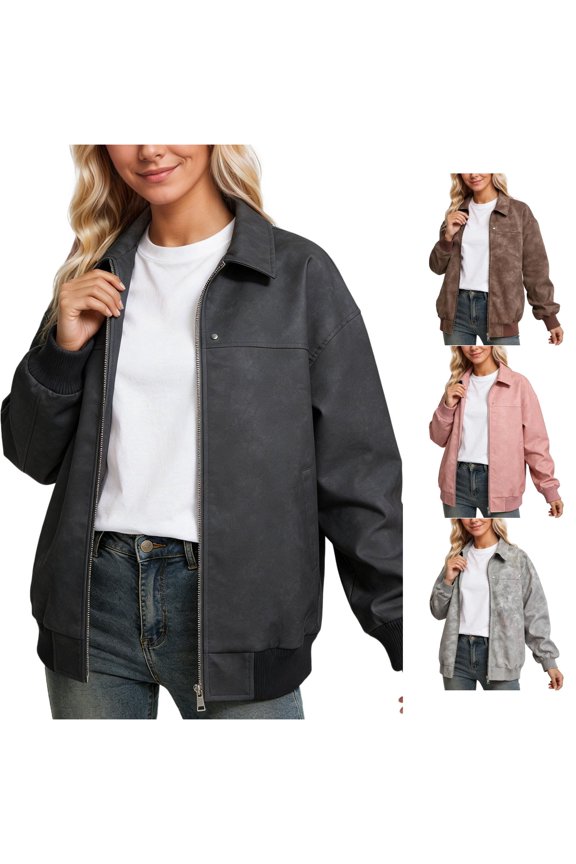 Women Lapel Collar Suede Loose Bomber Jacket Zip Front Rib Long Sleeve Layering Coat 1PC S-XXXL Plus Size Friendly