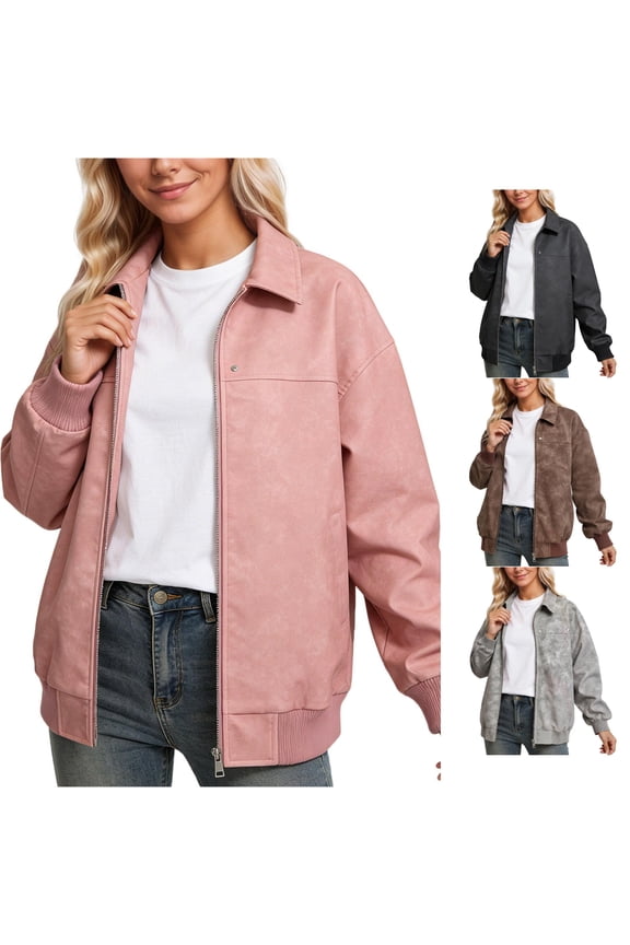 Women Lapel Collar Faux Suede Loose Bomber Jacket Zip Front Rib Cuff Long Sleeve Layering Coat 1PC S-XXXL Plus Size Friendly