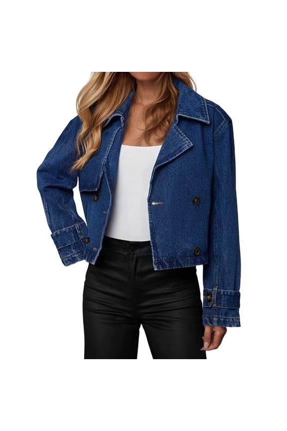 Women Lapel Double Breasted Cropped Solid Dark Denim Jacket Adjustable Cuff Long Sleeve Layering Coat 1PC S-XL