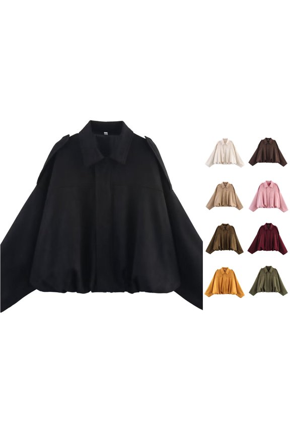 Women Lapel Epaulet Drawstring Hem Cropped Suede Jacket Batwing Long Sleeve Solid Color Layering Outer Coat 1PC XS