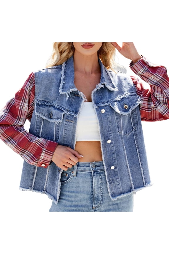 Women Lapel Fringe Patchwork Plaid Long Sleeve Washed Denim Jacket Button Front Chest Pocket Layering Outer Coat 1PC S-XL