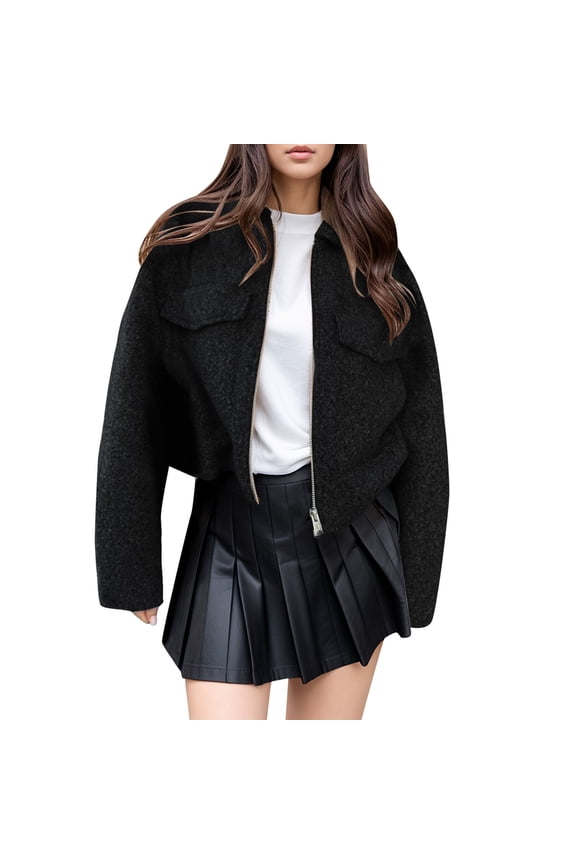 Women Lapel Zipper Front Cropped Fuzzy Wool Blend Jacket Dual Flap Pocket Long Sleeve Winter Layering Coat 1PC XS-L
