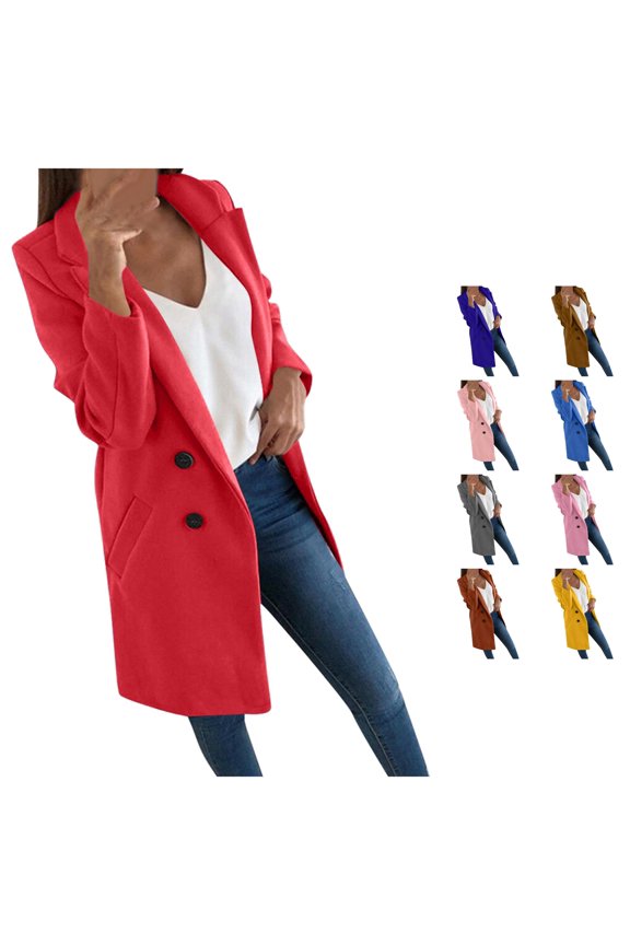 Women Notched Lapel Double Button Mid Length Blazer Long Sleeve Casual Polyester Outer Coat With Side Pockets 1pc S-XXXL True To Size