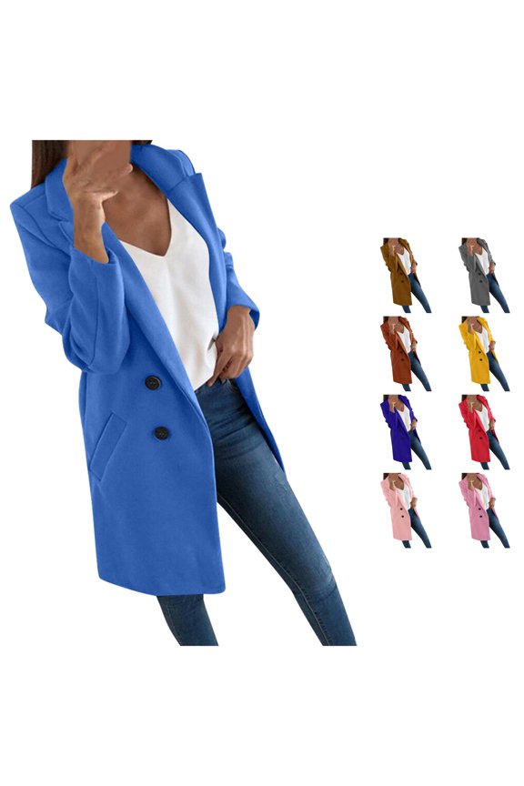 Women Notched Lapel Double Button Mid Length Blazer Long Sleeve Casual Polyester Outer Coat With Side Pockets 1pc S-XXXL True To Size