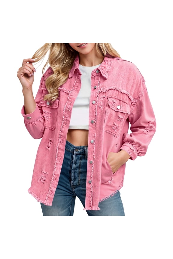 Women Oversized Boyfriend Distressed Ripped Light Pink Denim Jacket Frayed Edge Long Sleeve Mid Length Layering Coat 1PC S-XXL Plus Size Friendly