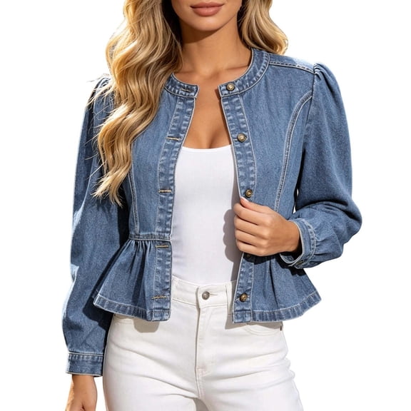 Jane Wardrobe Women Round Neck Puff Sleeve Peplum Hem Button Front Cropped Denim Jacket Layering Outerwear 1PC XS-XXL Plus Size Friendly