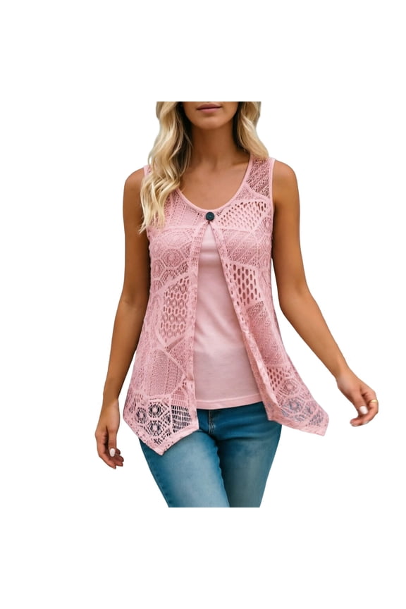 Women’S 2-In-1 Sleeveless Lace Tank Top, Casual Button Detail Mesh Vest, Polyester, 1pc, Sizes S To Xxxxxl