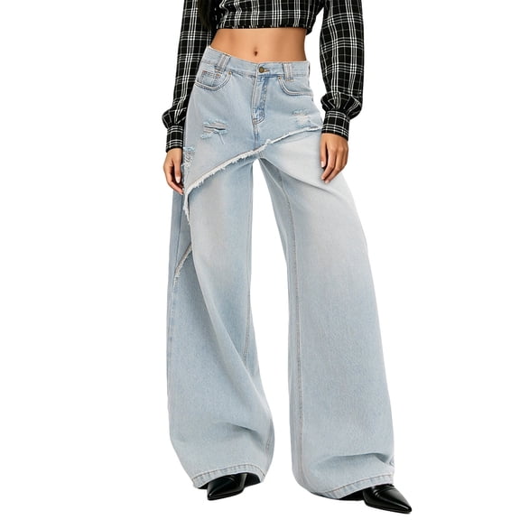 Jane Wardrobe Women’S Asymmetric Overlay Fake Two Piece Wide Leg Jeans, Distressed Ripped High Waisted Long Length Casual Pants, Soft Denim Streetwear Trousers, 1 Piece, Sizes XS Through XL