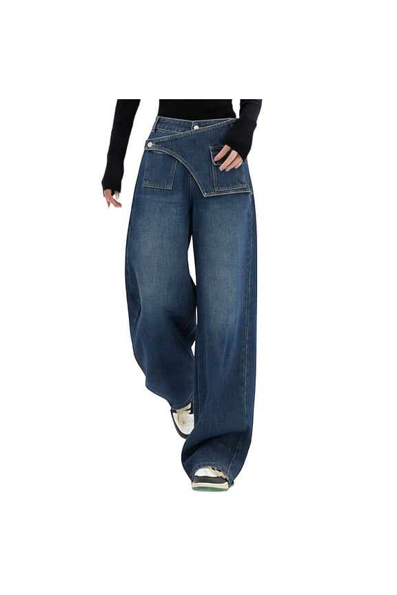 Women’S Asymmetric Waistband Wide Leg Jeans, High Waisted Loose Fit Casual Trousers With Decorative Pocket, Soft Denim Daily Streetwear Pants, 1 Piece, Sizes XS Through XXL