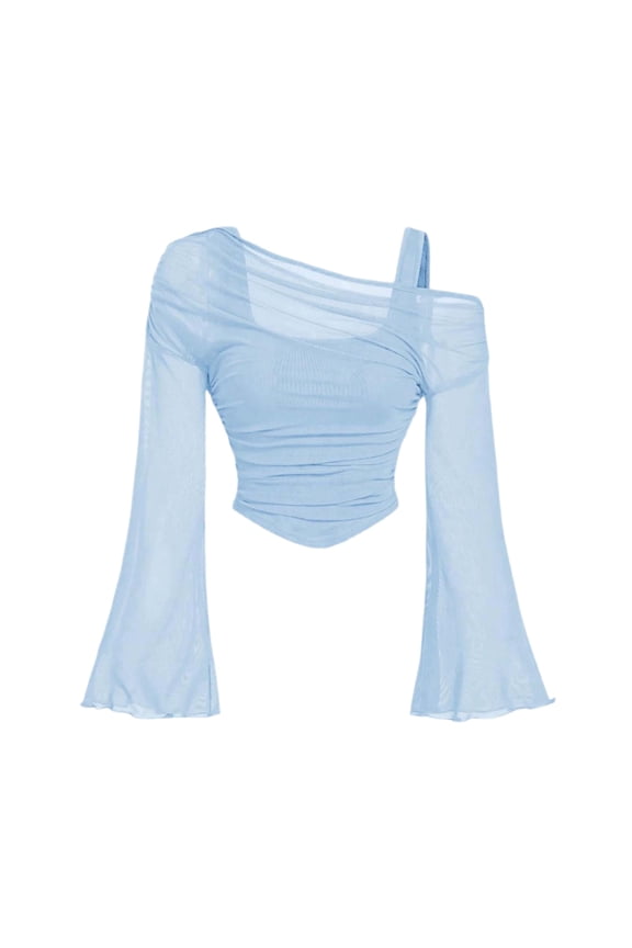 Women’S Asymmetrical One Shoulder Mesh Crop Top, Ruched Flare Long Sleeve Sexy Going Out T-Shirt with Built-In Cami, Soft Stretchy Polyester, 1pc, Sizes S M L XL XXL