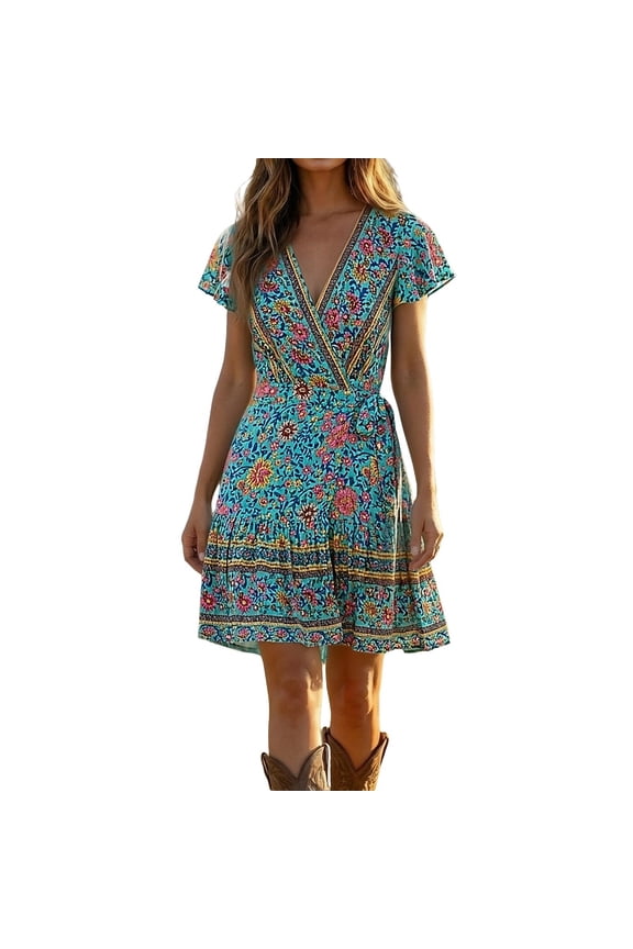 Women’S Boho Floral Print V Neck Wrap Mini Dress, Short Flutter Sleeve Ruffle Hem A-Line Summer Casual Dress With Waist Tie, Lightweight Polyester Fabric, 1pc, Sizes S M L XL XXL XXXL