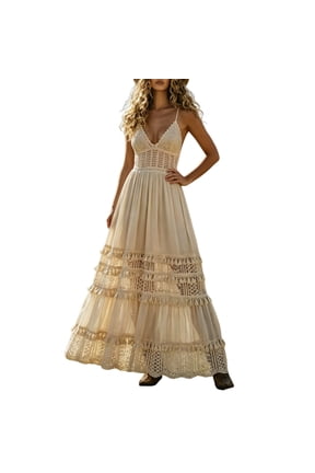 Women’S Boho Lace Spliced Spaghetti Strap Maxi Dress, V Neck Crochet Tiered Tassel Flowy Long Dress, Premium Soft Lace Fabric, 1pc, Sizes S M L XL XXL XXXL