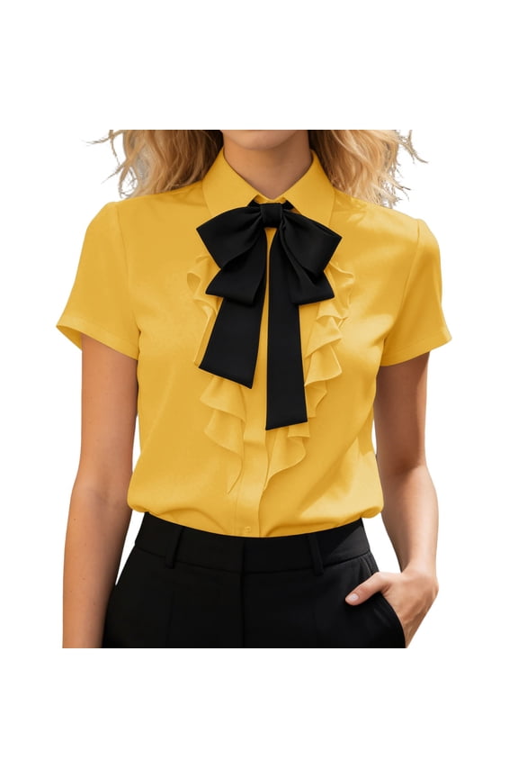 Women’S Bow Tie Collared Button Down Blouse, Ruffle Front Short Sleeve Elegant Office Work Top, Smooth Silky Wrinkle-Resistant Polyester, 1pc, Sizes S M L XL XXL