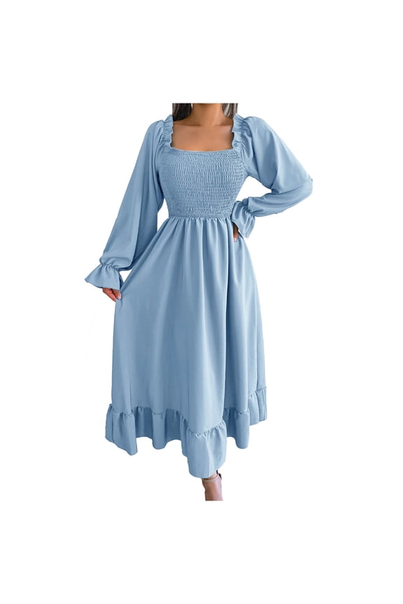 Women’S Casual Square Neck Long Sleeve Maxi Dress, Smocked Bodice Ruffle Trim Flowy A-Line Swing Dress With Ruffled Hem, Soft Lightweight Polyester Fabric, 1pc, Sizes S M L XL