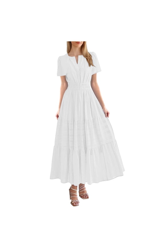 Women’S Casual Summer Split V Neck Short Puff Sleeve Maxi Dress, Smocked Waist Tiered Ruffle A-Line Flowy Long Dress, Soft Polyester Fabric, 1pc, Sizes S M L XL XXL