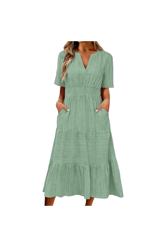 Women’S Casual V Neck Short Sleeve Midi Dress, Smocked Waist Tiered Ruffle A-Line Swing Dress With Side Pockets, Soft Lightweight Polyester Fabric, 1pc, Sizes S M L XL XXL