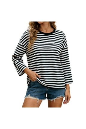 Women’S Classic Striped Crew Neck 3/4 Sleeve T-Shirt, Loose Fit Casual Daily Top with Contrast Neck Trim, Soft Stretchy Breathable Polyester Fabric, 1pc, Sizes S M L XL XXL