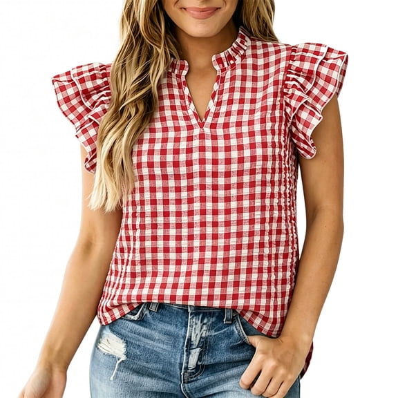 Jane Wardrobe Women’S Gingham Plaid Double Ruffle Sleeve Blouse, Ruffled Collar V Notch Casual Summer Sweet Top, Soft Breathable Polyester, 1pc, Sizes S M L XL