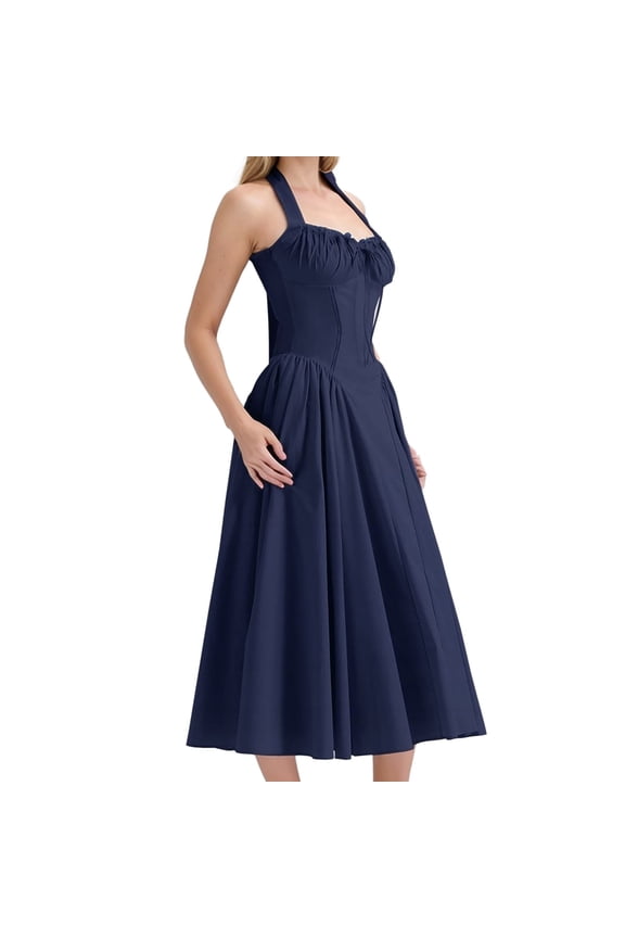 Women’S Halter Neck Corset Waist Midi Dress, Ruched Bust Flared A-Line Swing Casual Dress, Soft Polyester Summer Evening Party Wedding Guest Dress, 1 Piece, Sizes S Through XL
