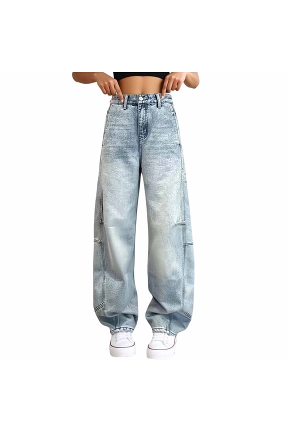 Women’S High Waisted Curved Barrel Wide Leg Jeans, Vintage Washed Loose Fit Casual Trousers, Soft Denim Streetwear Pants, 1 Piece, Sizes S Through XXXXXL