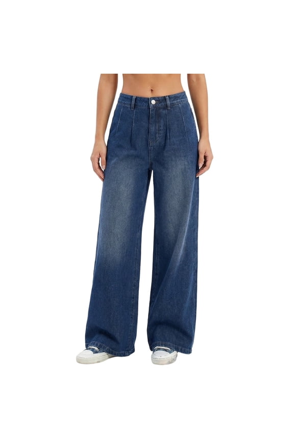 Women’S High Waisted Pleated Wide Leg Jeans, Vintage Washed Loose Fit Casual Trousers, Soft Denim Fashion Pants, 1 Piece, Sizes XS Through XXXL