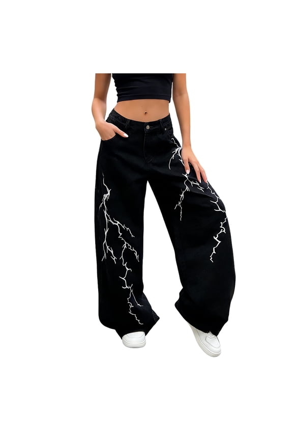 Women’S Lightning Embroidered Wide Leg Jeans, High Waisted Loose Fit Streetwear Trousers, Soft Denim Casual Pants, 1 Piece, Sizes S Through XXXL