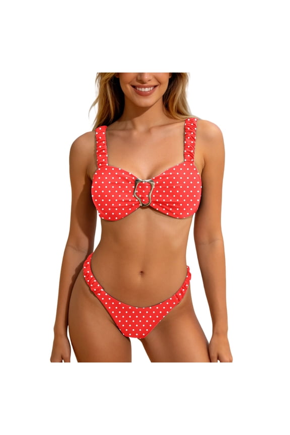Women’S Ruched Wide Strap Bikini Set, Metal Buckle Accent High Cut Two-Piece Swimsuit, Stretchy Quick-Dry Nylon Fabric, 2pcs, Sizes XS S M L XL