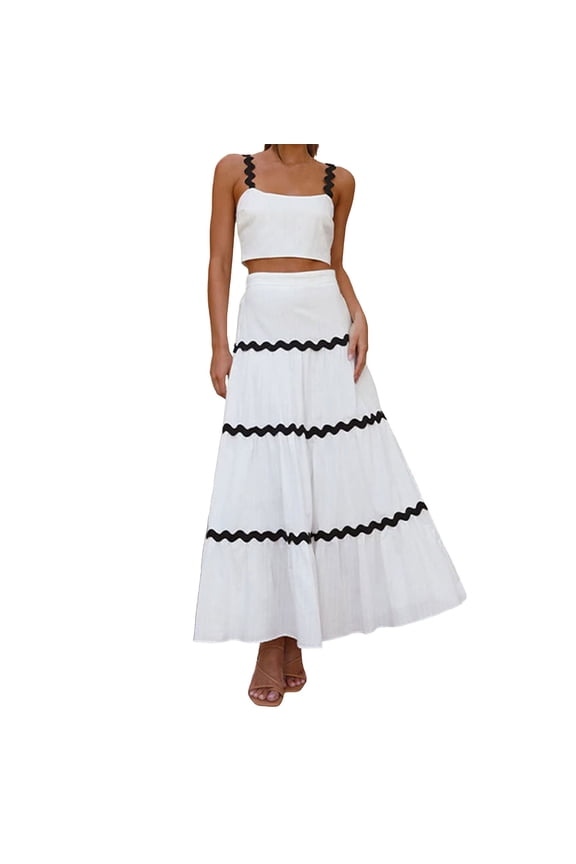 Women’S Summer Casual 2-Piece Outfit Set, Sleeveless Spaghetti Strap Crop Cami Top With High Waist Tiered Ric Rac Trim Maxi Skirt, Lightweight Chiffon Fabric, 2pcs, Sizes S M L XL