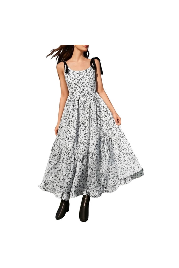 Women’S Summer Casual V Neck Short Puff Sleeve Maxi Dress, Shirred Waist Tiered Ruffle Flowy A-Line Long Dress, Soft Breathable Polyester Fabric, 1pc, Sizes S M L XL XXL