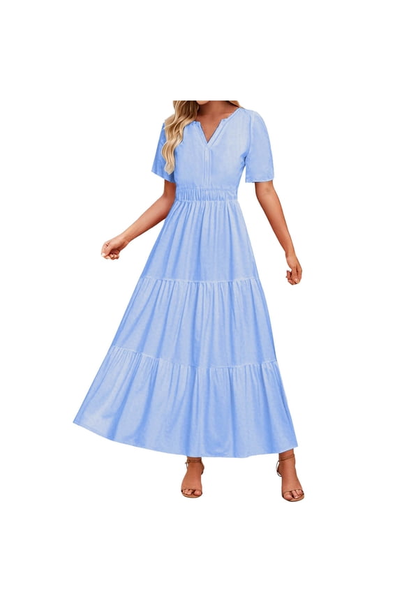 Women’S Summer Casual V Neck Short Sleeve Maxi Dress, Elastic Waist Tiered Ruffle Flowy A-Line Long Dress, Soft Breathable Polyester Fabric, 1pc, Sizes S M L XL XXL
