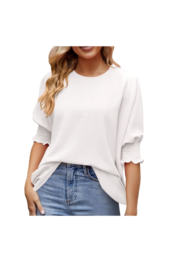 Women’S Summer Loose Fit Ice Crepe Casual Top, Round Neck Smocked Ruffle Cuff Short Sleeve T-Shirt, Solid Color Plus Size Daily Wear Blouse, 1 Piece, Sizes S Through XXL