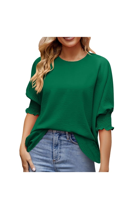 Women’S Summer Loose Fit Ice Crepe Casual Top, Round Neck Smocked Ruffle Cuff Short Sleeve T-Shirt, Solid Color Plus Size Daily Wear Blouse, 1 Piece, Sizes S Through XXL