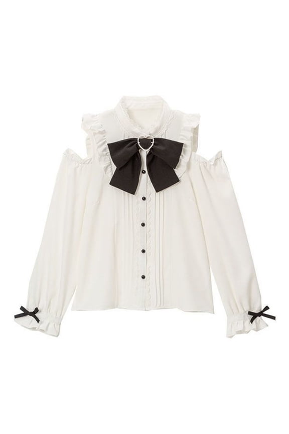 Women’S Sweet Cold Shoulder Blouse, Bow Lace Trim Long Sleeve Shirt, Polyester, 1pc, Sizes S M L XL XXL