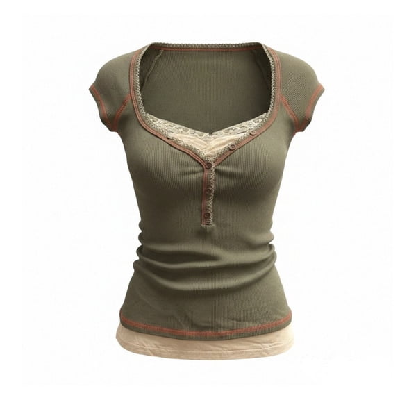 Jane Wardrobe Women’S Vintage Y2K Square Neck Fitted T-Shirt, Contrast Trim Lace Detail Button Front Short Sleeve Top, Soft Stretchy Ribbed Polyester, 1pc, Sizes S M L