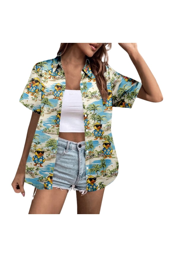 Women Short Sleeve Button Down Shirt, Duck Palm Tree Allover Print Collared Blouse, Relaxed Fit Casual Cover Up Top, Blue Tropical Apparel, S-XXL