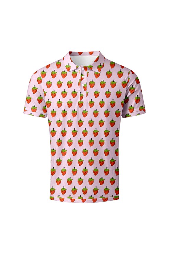 Women Short Sleeve Polo Shirt, Pink Strawberry Allover Print Turn Down Collar Button Placket Casual Mesh Top, Breathable Polyester Daily Tee, S-XXL, True To Size