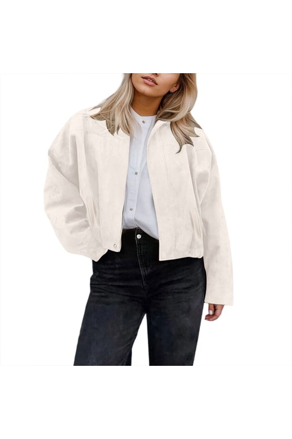 Women Solid White Suede Stand Collar Cropped Oversized Long Sleeve Casual Layering Jacket 1PC S-L