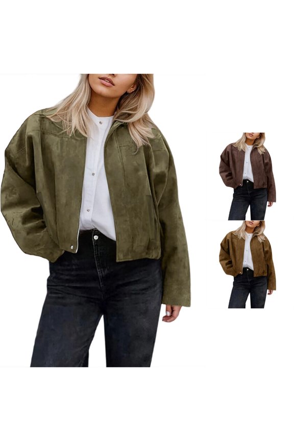 Women Stand Collar Cropped Suede Long Sleeve Button Front Relaxed Layering Jacket 1PC S-L