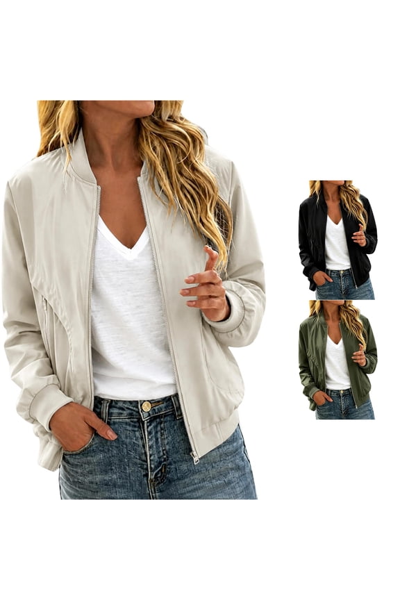 Women Stand Collar Zip Bomber Jacket Polyester Windproof Loose Casual Layering Outerwear 1PC S-XXXL Plus Size Friendly