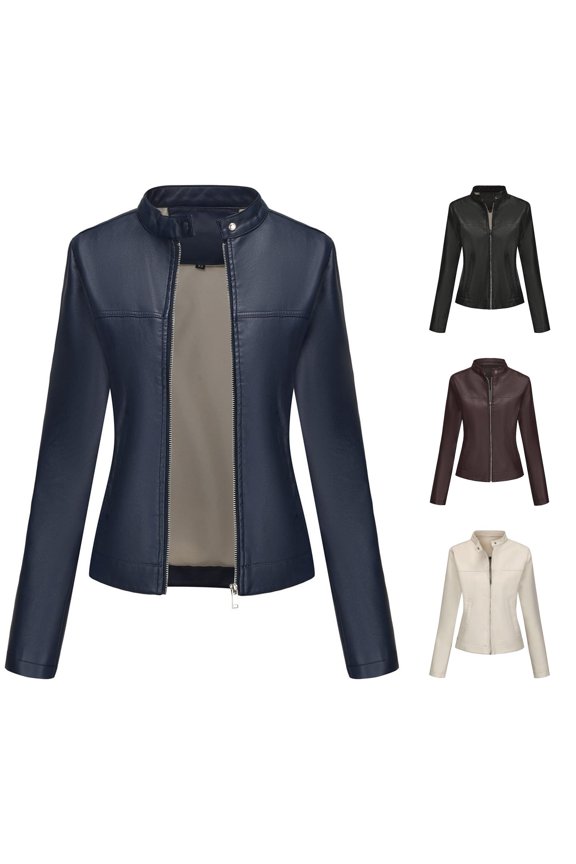 Women Stand Collar Zipper PU Leather Cropped Jacket Side Pocket Long Sleeve Motorcycle Layering Coat 1PC XS-XXL Plus Size Friendly