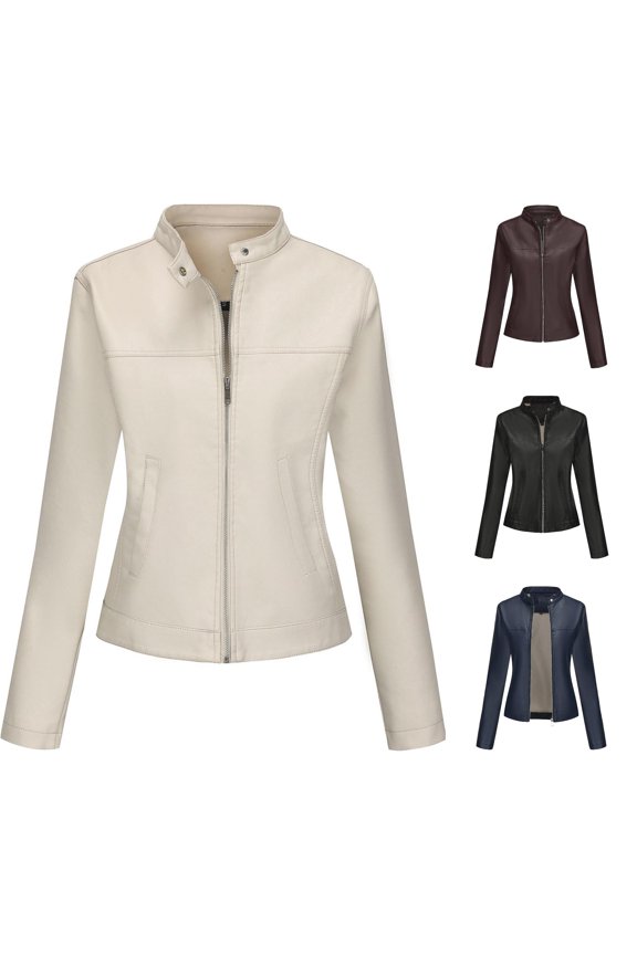 Women Stand Collar Zipper Faux PU Leather Cropped Jacket Side Pocket Long Sleeve Motorcycle Layering Coat 1PC XS-XXL Plus Size Friendly