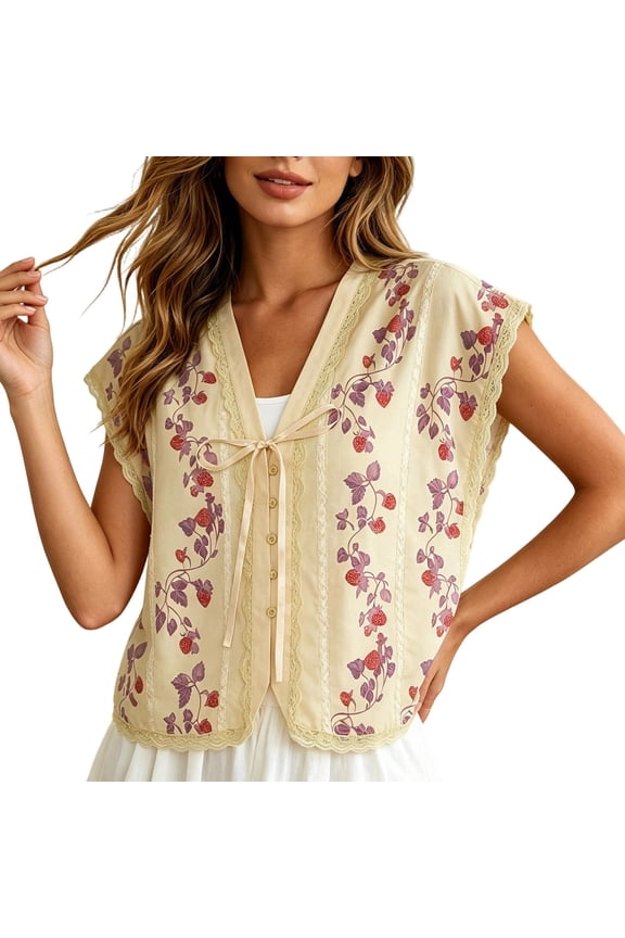 Women Strawberry Floral Tie Front Vest Top, V Neck Lace Trim Cap Sleeve Button Down Cropped Blouse, Lightweight Polyester Casual Layering Shirt, 1 Piece, S-M-L, True To Size