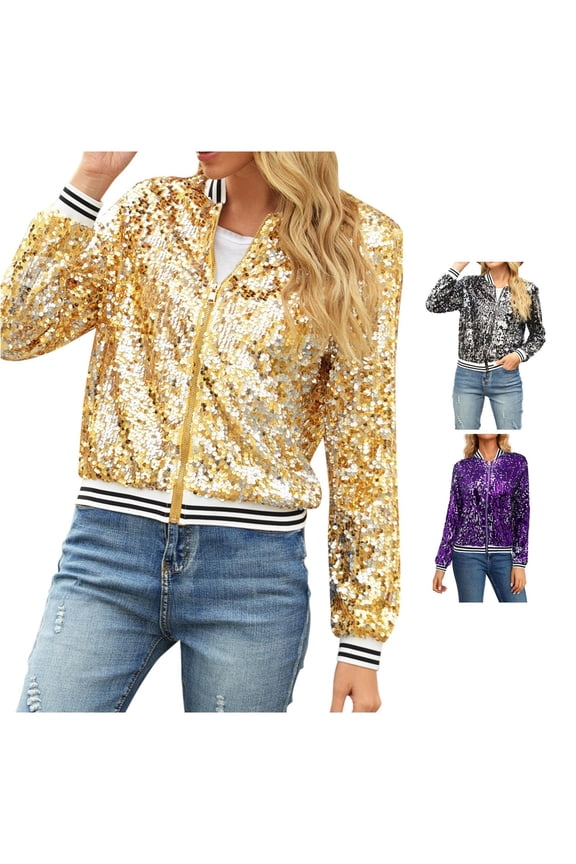 Women Striped Rib Collar Full Sequin Zip Up Baseball Jacket Dual Side Pocket Sparkly Fall Winter Layering Coat 1PC S-XXL Plus Size Friendly