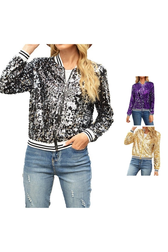 Women Striped Rib Collar Full Sequin Zip Up Baseball Jacket Dual Side Pocket Sparkly Fall Winter Layering Coat 1PC S-XXL Plus Size Friendly